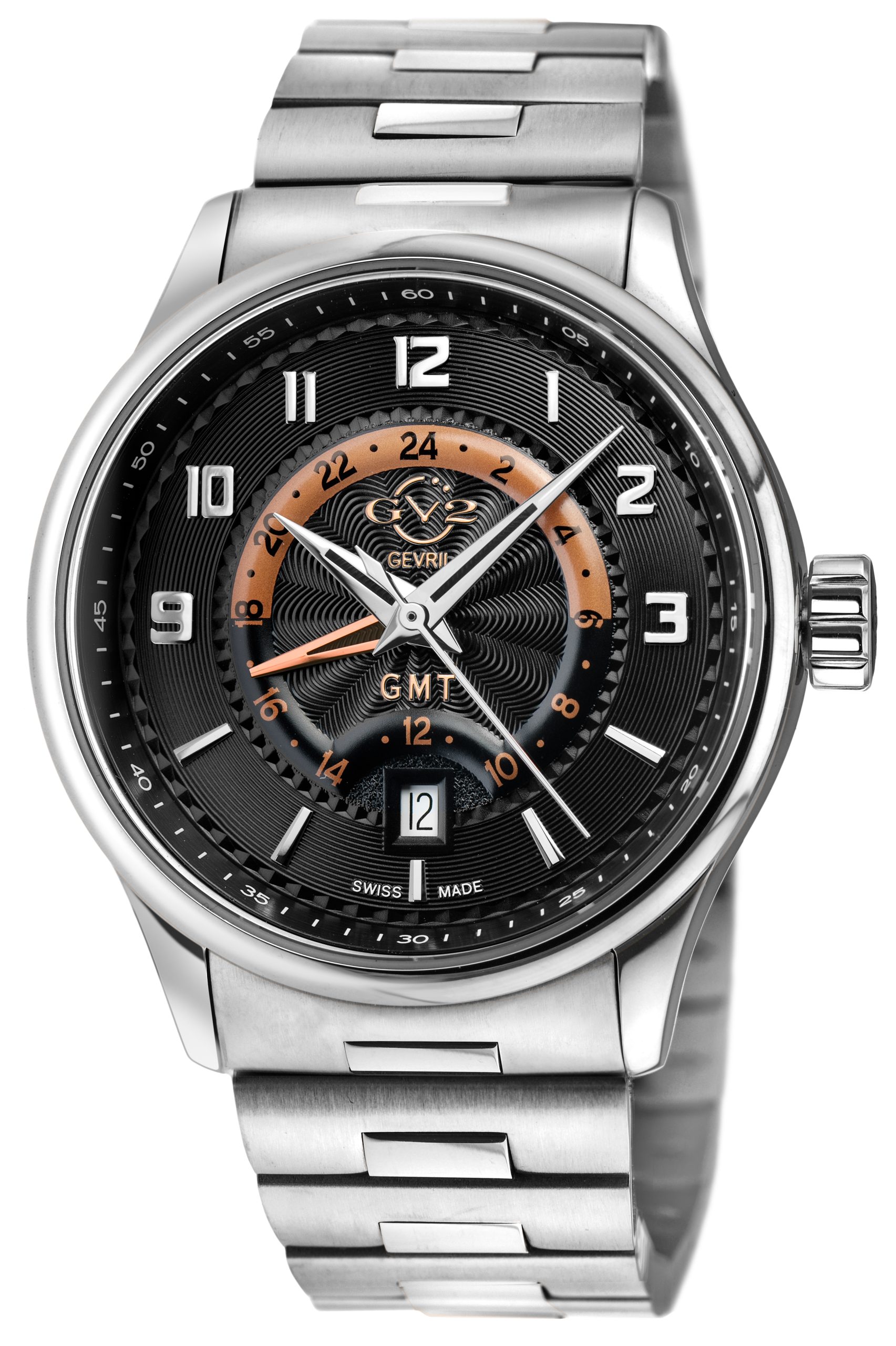 Gv2 Mens Giromondo 42300B Swiss Quartz Brown Dial Stainless Metal Date Watch - Black & Silver - One Measurement