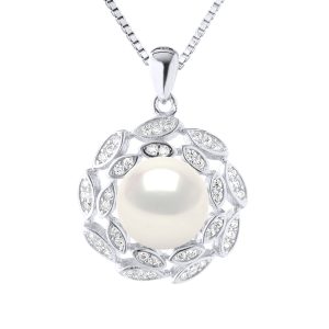 Diadema Womens SUN Necklace Freshwater Pearl White 9-10 mm 925 Silver – One Size