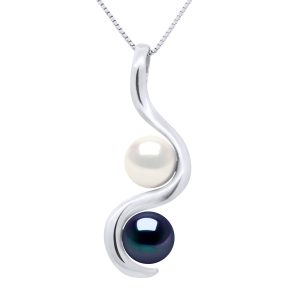 Ateliers Saint Germain Womens Pendant You & Me – 2 Real Cultured Freshwater Pearls Round 7-8 mm – Black/White White Gold – One Size