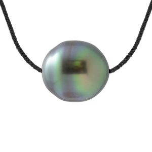 Ateliers Saint Germain Womens Necklace Love Links in Twisted Nylon of Black Color adorned with a Real Cultured Tahiti Pearl Circled 9-10 mm Silver – One Size