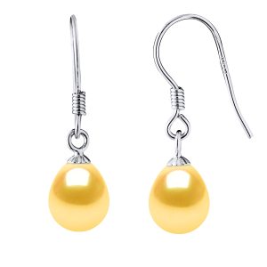 Diadema Womens Earrings Hooks Freshwater Pearls 7-8mm Golden Pears 925 – Gold Silver – One Size