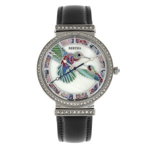 Bertha Womens Emily Mom-Of-Pearl Leather-based-Band Watch – Black Stainless Metal – One Measurement