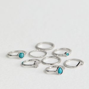 8 Pack Silver Turquoise Gem Rings New Glance