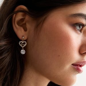 Gold Diamante Slogan Middle Drop Earrings New Glance