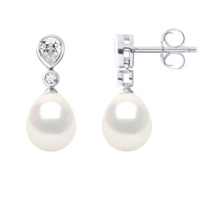 Ateliers Saint Germain Womens Earrings Real Cultured Freshwater Pearls Pear 7-8 mm – White Silver – One Size