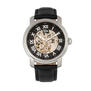 Reign Mens Kahn Automatic Skeleton Leather-Band Watch – Black & Silver Stainless Steel – One Size
