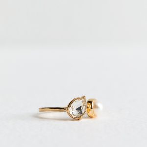 Gold Tone Pretend Pearl Diamanté Ring New Glance