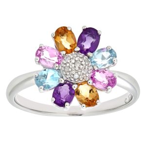 Diamant L’Eternel Womens 9ct White Gold Ladies Diamond and Citrine and Amethyst and Blue Topaz and Pink Ring – Size H