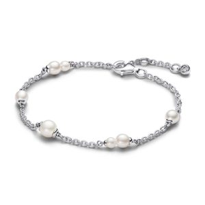 Pandora Handled Freshwater Cultured Pearl Station Chain Silver Bracelet – 18cm