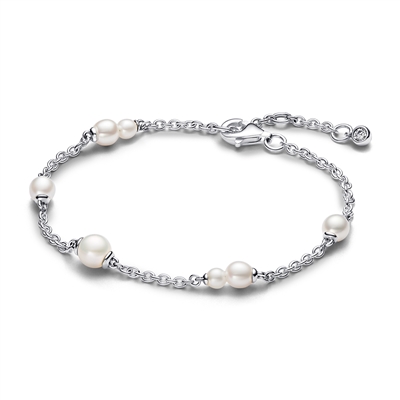 Pandora Handled Freshwater Cultured Pearl Station Chain Silver Bracelet - 20cm
