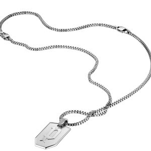 Police Mens : “ARMOR” RECTANGULAR SHAPE PENDANT – Silver Leather – One Size