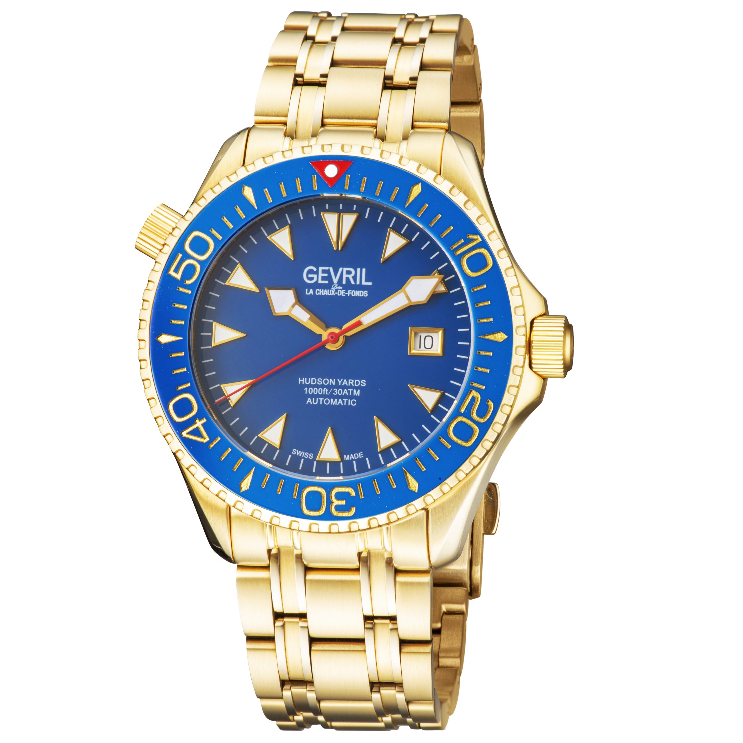 Gevril Mens Hudson Yards 48805 Yellow Gold Swiss Automated 3 Arms, Sellita SW200 Luminous Date Watch Stainless Metal - One Dimension
