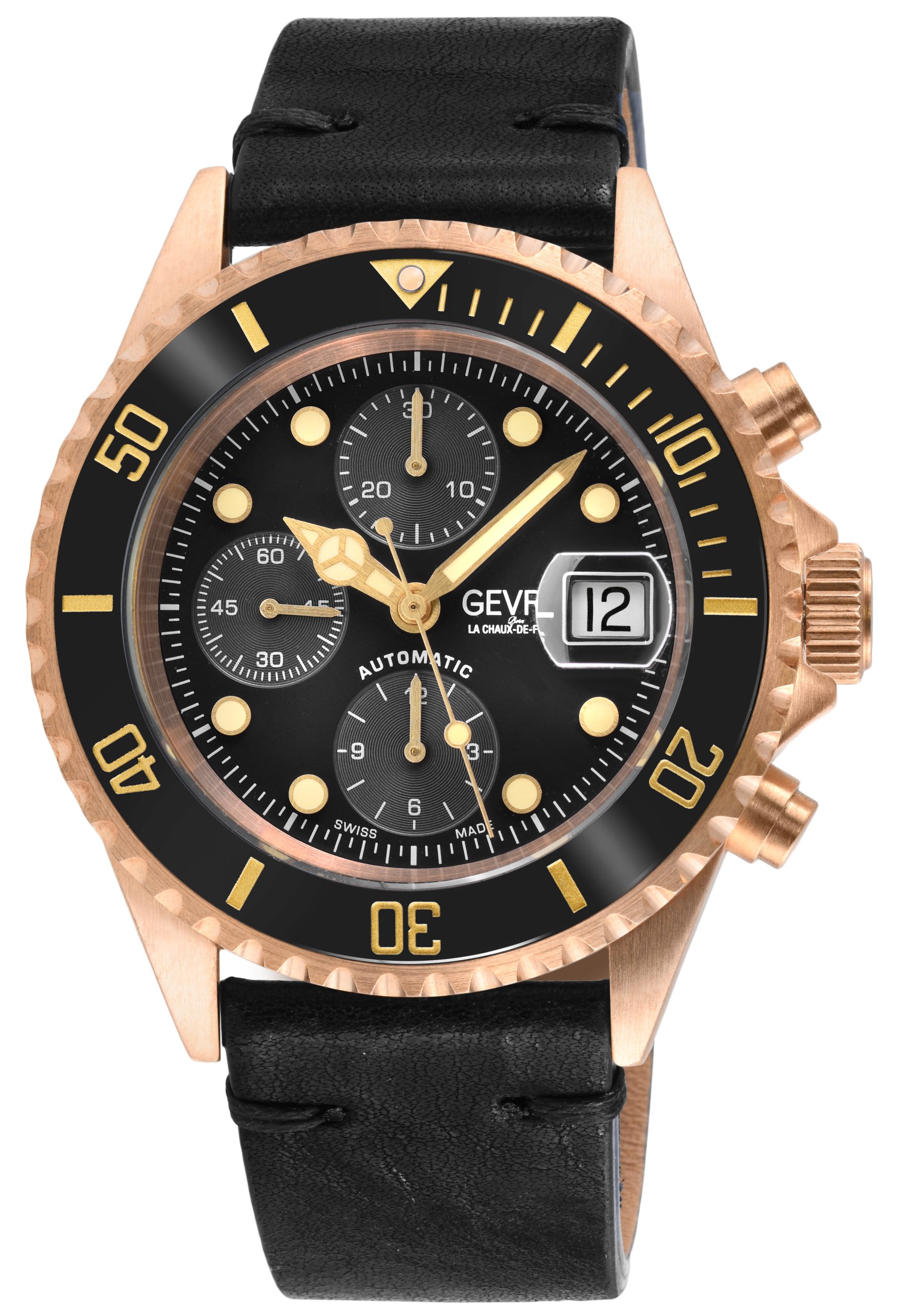 Gevril Mens Wall Side road Swiss Automated ETA 7750 Ceramic Bezel, Authentic Home made Italian Leather-based Watch - Black - One Measurement