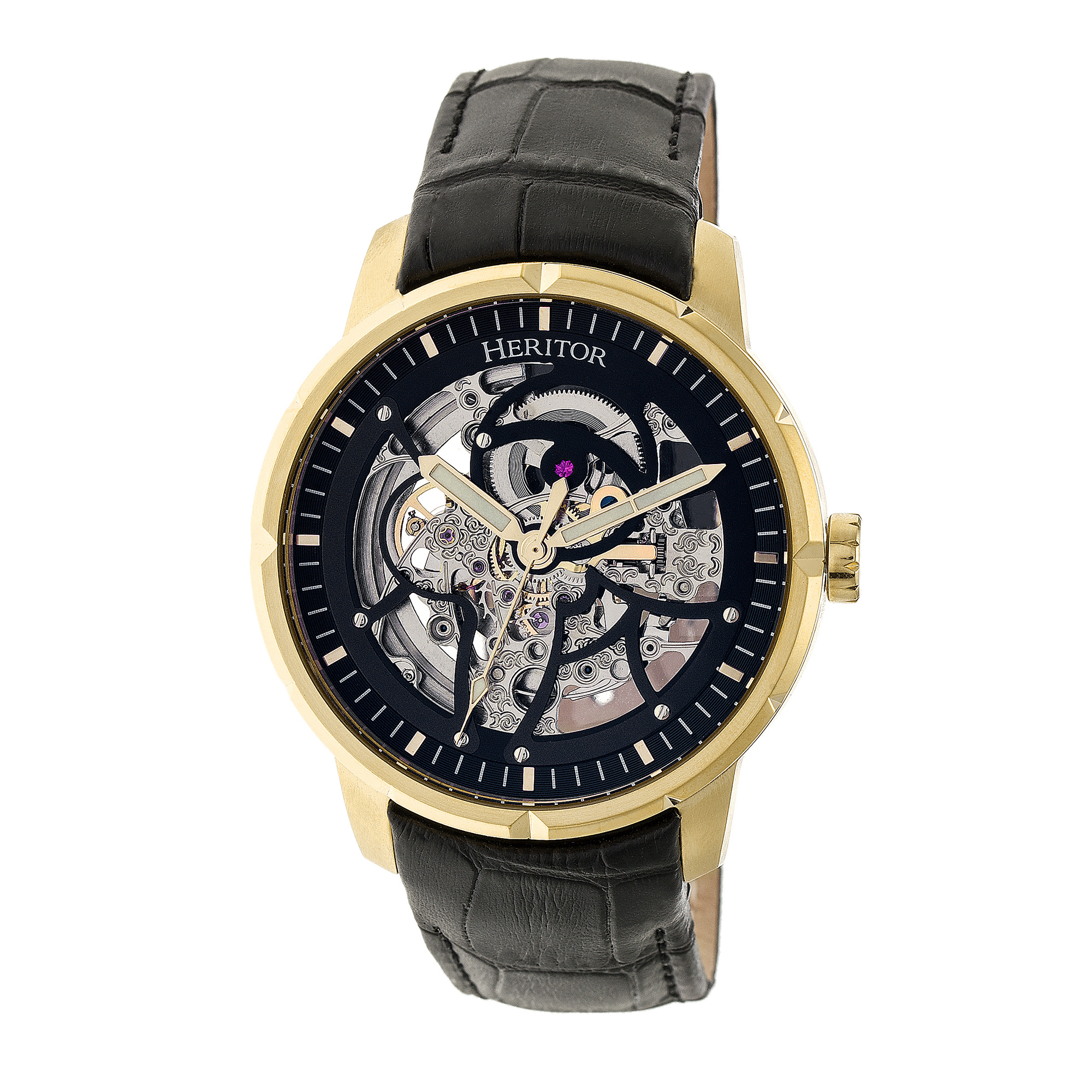 Heritor Computerized Mens Ryder Skeleton Leather-based-Band Watch - Black/Gold Stainless Metal - One Dimension