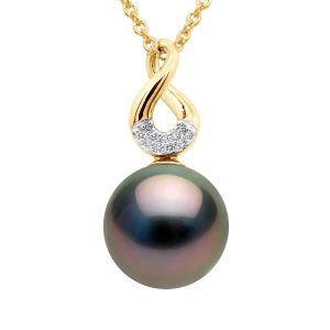 Ateliers Saint Germain Womens Pendant Eight Diamonds 0,03 Cts – Quality HSI – Yellow Gold – Real Cultured Tahiti Pearl Round 9-9 mm – One Size