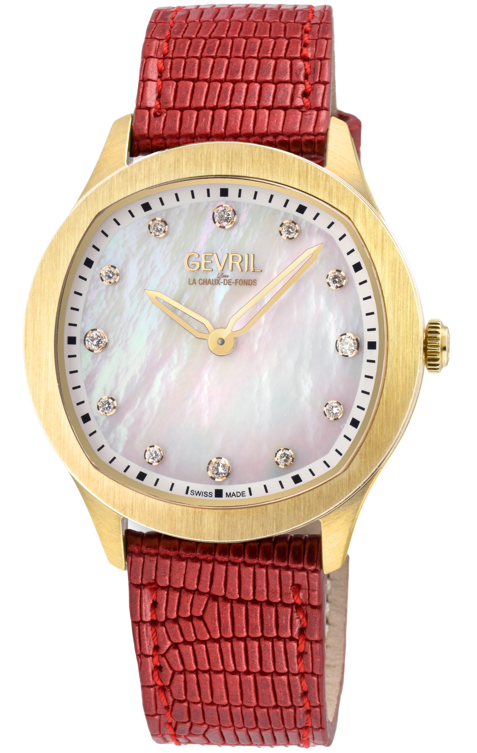 Gevril WoMens Morcote Swiss Diamond Watch White MOP, Genuine Italian Leather - Gold - One Size