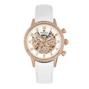 Empress Womens Beatrice Automatic Skeleton Dial Leather-Band Watch w/Day/Date – White Stainless Steel – One Size