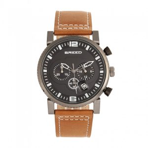 Breed Mens Ryker Chronograph Leather-Band Watch w/Date – Camel Stainless Steel – One Size