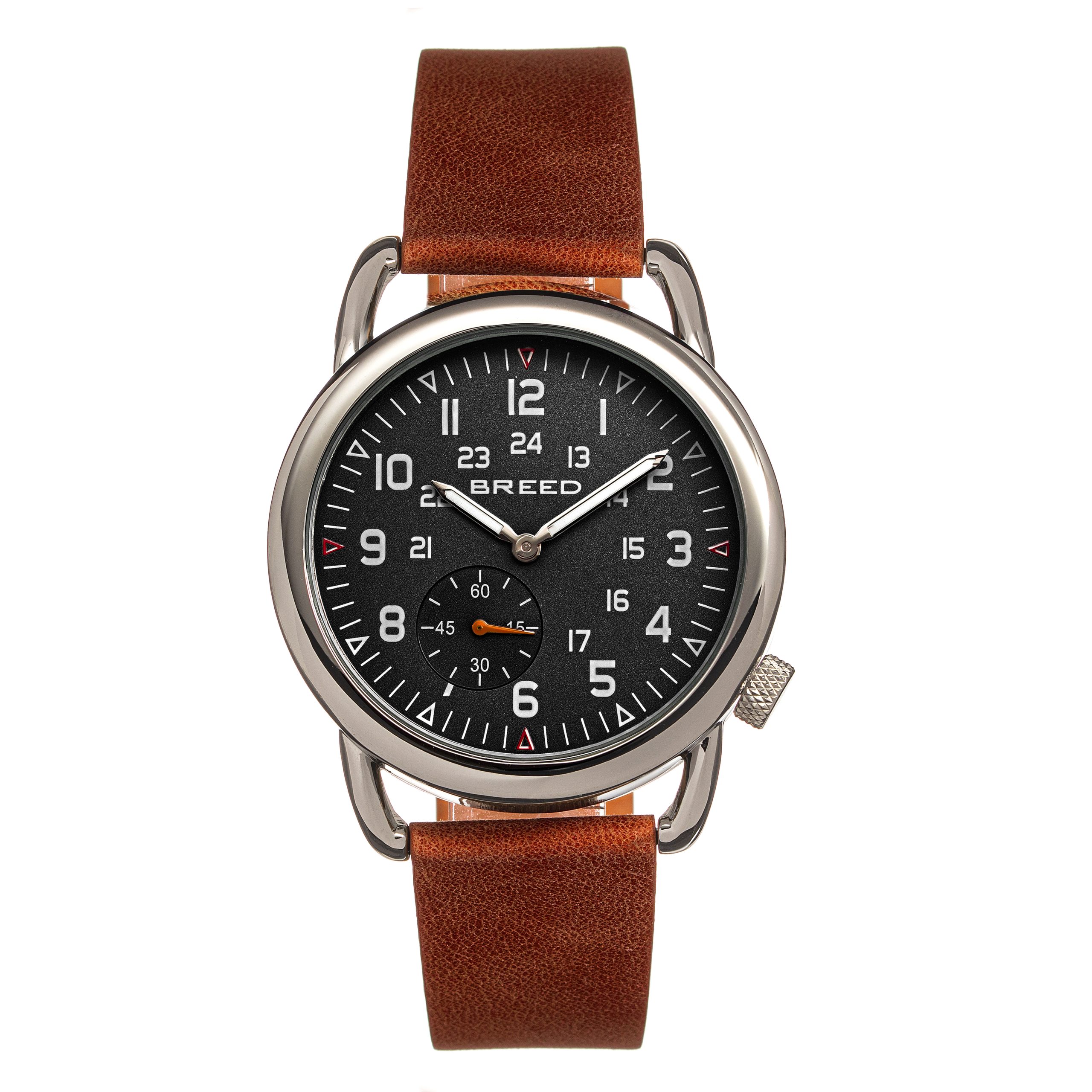 Breed Mens Regulator Leather-based-Band Watch w/2nd Sub-dial - Black/Brown Stainless Metal - One Measurement