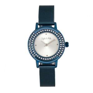 Sophie & Freda Womens Cambridge Bracelet Watch w/Swarovski Crystals – Blue Stainless Steel – One Size