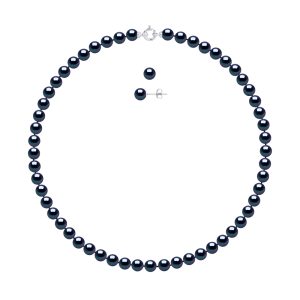 Diadema Womens – Set – Necklace/Earrings – Real Freshwater Pearls – Black Tahitian Style – White Gold – One Size