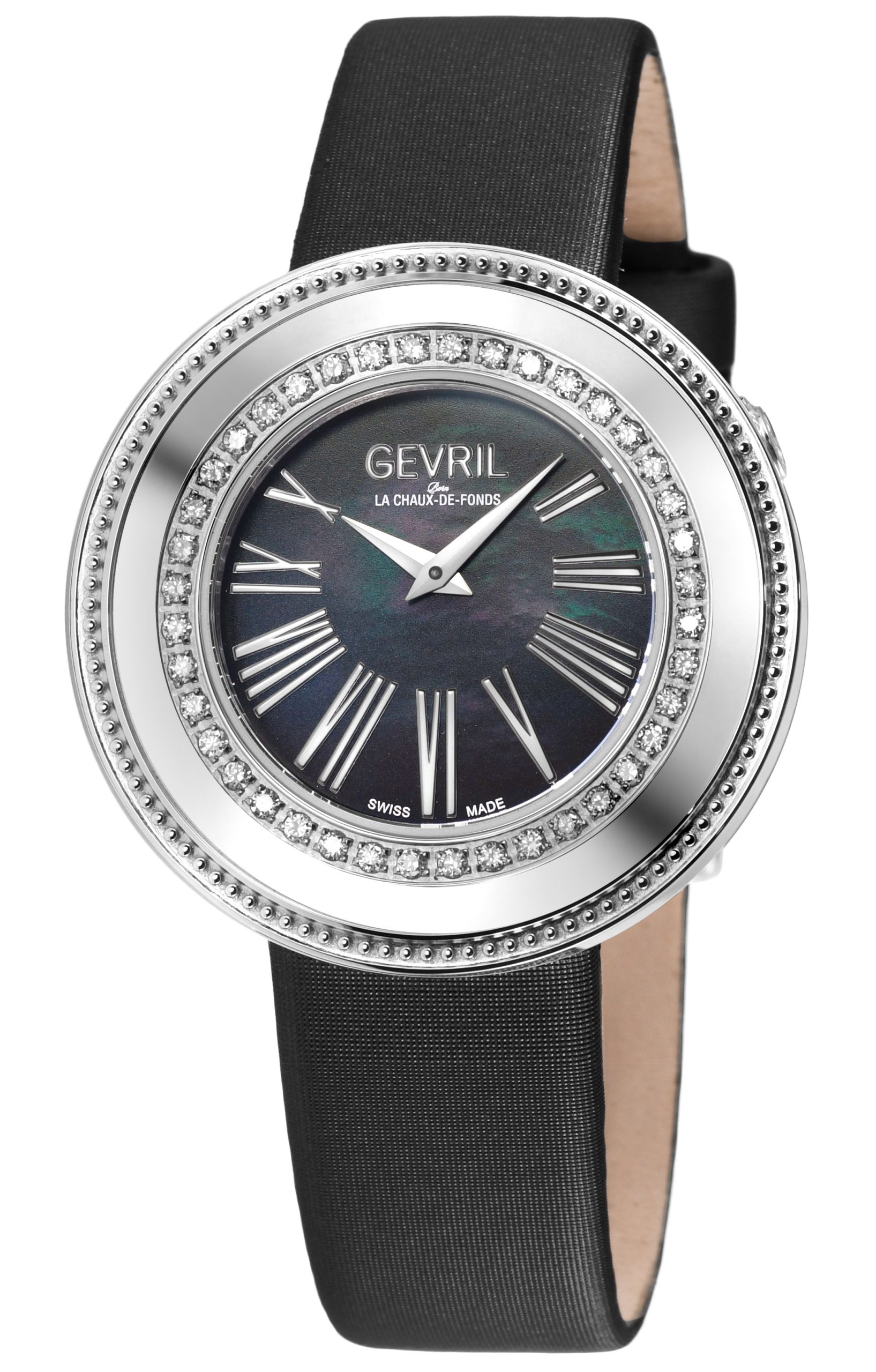 Gevril WoMens Gandria Swiss Diamond Black MOP Dial, Genuine Italian Made Leather Watch - One Size