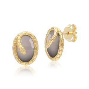 ECFEW™ Black Moonstone Winding Snake Stud Earrings In Gold Plated Sterling Silver