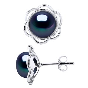 Diadema Womens Stud Earrings FLOWER Beads Freshwater 8-9mm Black Buttons 925 Silver – One Size