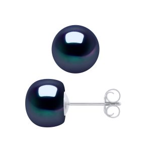 Diadema Womens – Earrings  White Gold and Real Freshwater Pearls – Black Tahitian Style – One Size