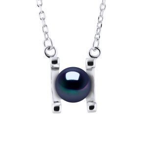 Diadema Womens SYMBOL Necklace Freshwater Pearl 7-8mm Black 925 Silver – One Size