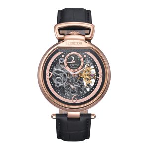 Heritor Automatic Mens Lincoln Leather-Band Skeleton Watch with Moon Phase – Rose Gold Stainless Steel – One Size