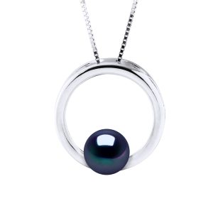 Diadema Womens CIRCLE Necklace Freshwater Pearl Round 8-9 mm Black 925 Silver – One Size