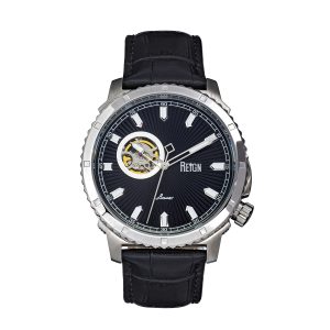 Reign Mens Bauer Automatic Semi-SkeletonLeather-Band Watch – Black & Silver Stainless Steel – One Size