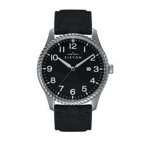 Elevon Mens Crosswind Canvas-Overlaid Leather-Band Watch w/ Date – Black Metal – One Size