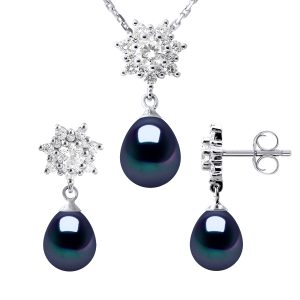 Diadema Womens BIARRITZ Adornment Necklace & Earrings Dangle Black Freshwater Pearl 925 Silver – One Size
