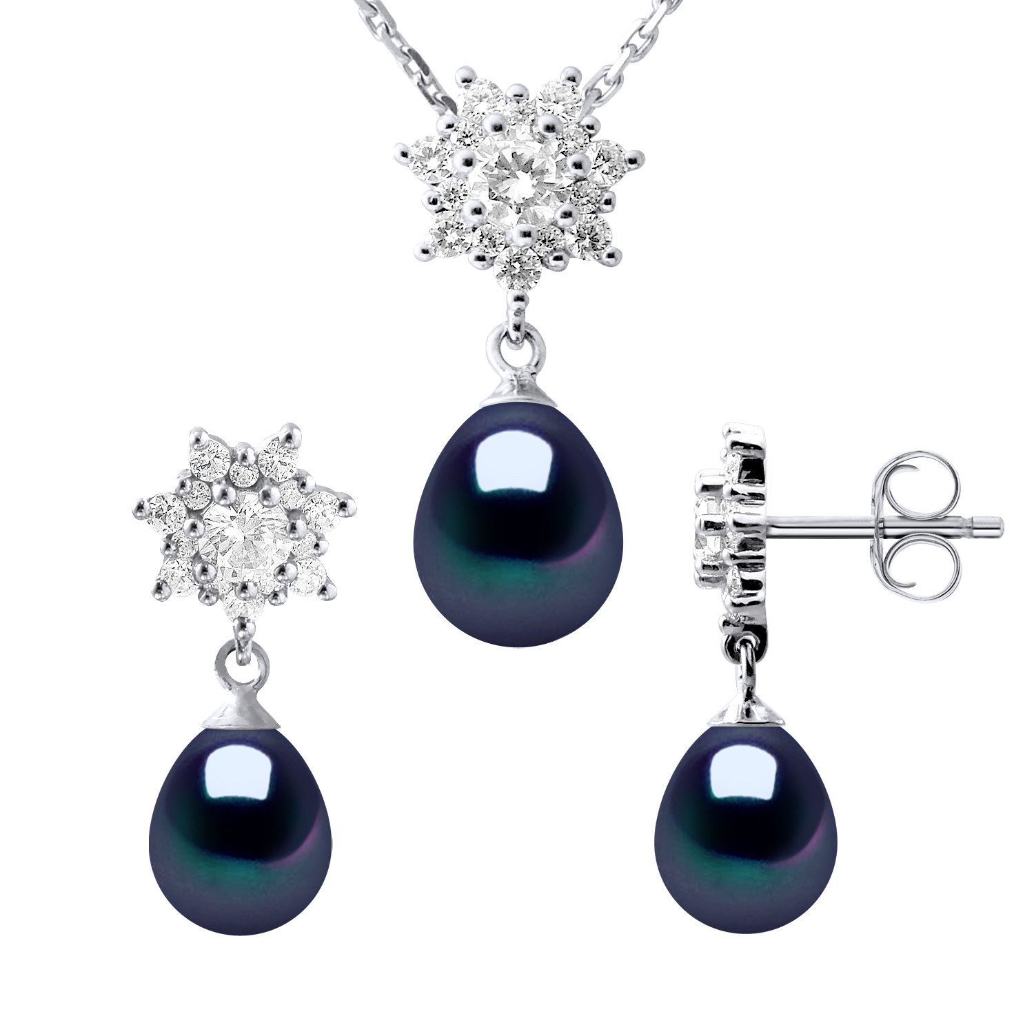 Diadema Womens BIARRITZ Adornment Necklace & Earrings Dangle Black Freshwater Pearl 925 Silver - One Size