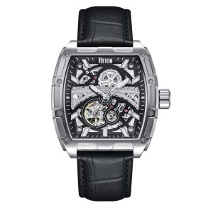 Reign Mens Olympia Automatic Semi-Skeleton Leather-Band Watch – Black & Silver Stainless Steel – One Size