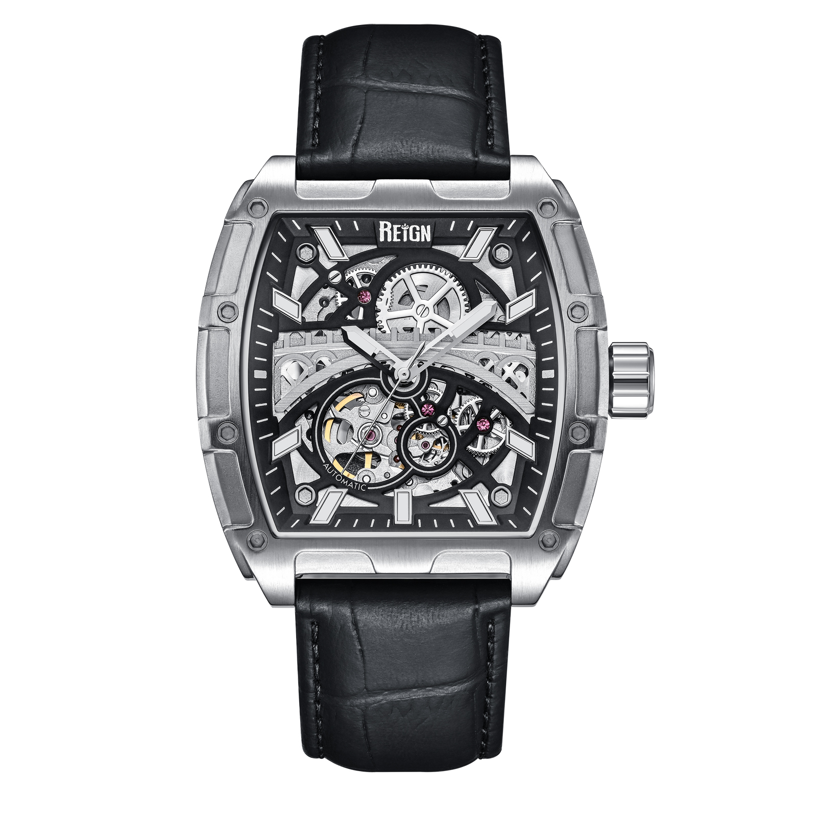 Reign Mens Olympia Automatic Semi-Skeleton Leather-Band Watch - Black & Silver Stainless Steel - One Size