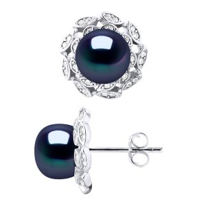 Diadema Womens Stud Earrings FLOWER Beads Freshwater 8-9mm Black Buttons Jewelry 925 Silver – One Size