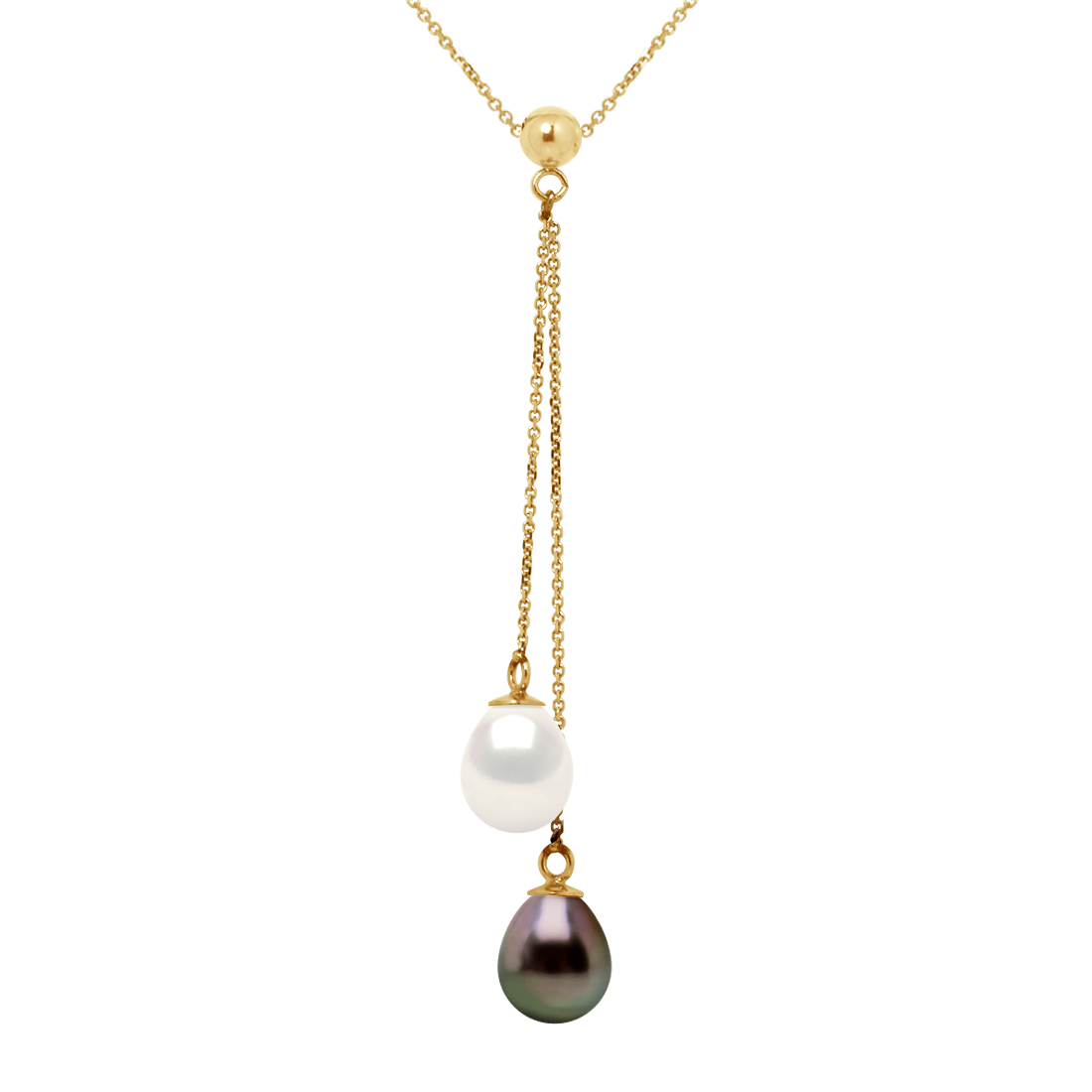 Diadema Womens - Necklace - You & Me - 2 Real Freshwater Pearls and Tahitian Pealrs - Yellow Gold - Natural - One Size