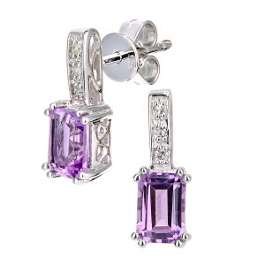 Diamant L’Eternel Womens 9ct White Gold Diamond and Amethyst Gemstone Rectangle Cut Drop Earrings – One Size