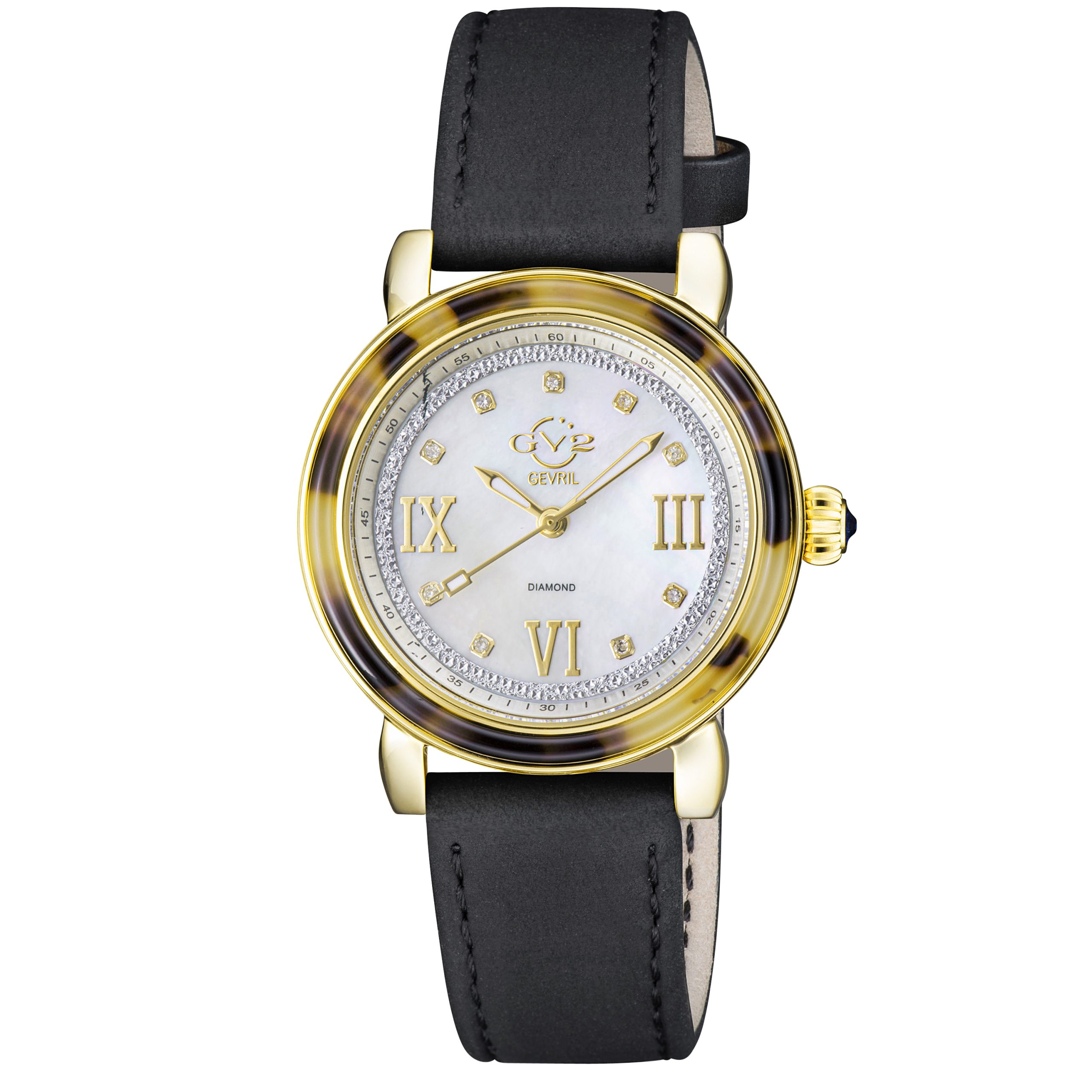Gv2 WoMens Marsala Tortoise Swiss Quartz Diamond Mom Of Pearl Dial, Black Suede Watch - One Dimension