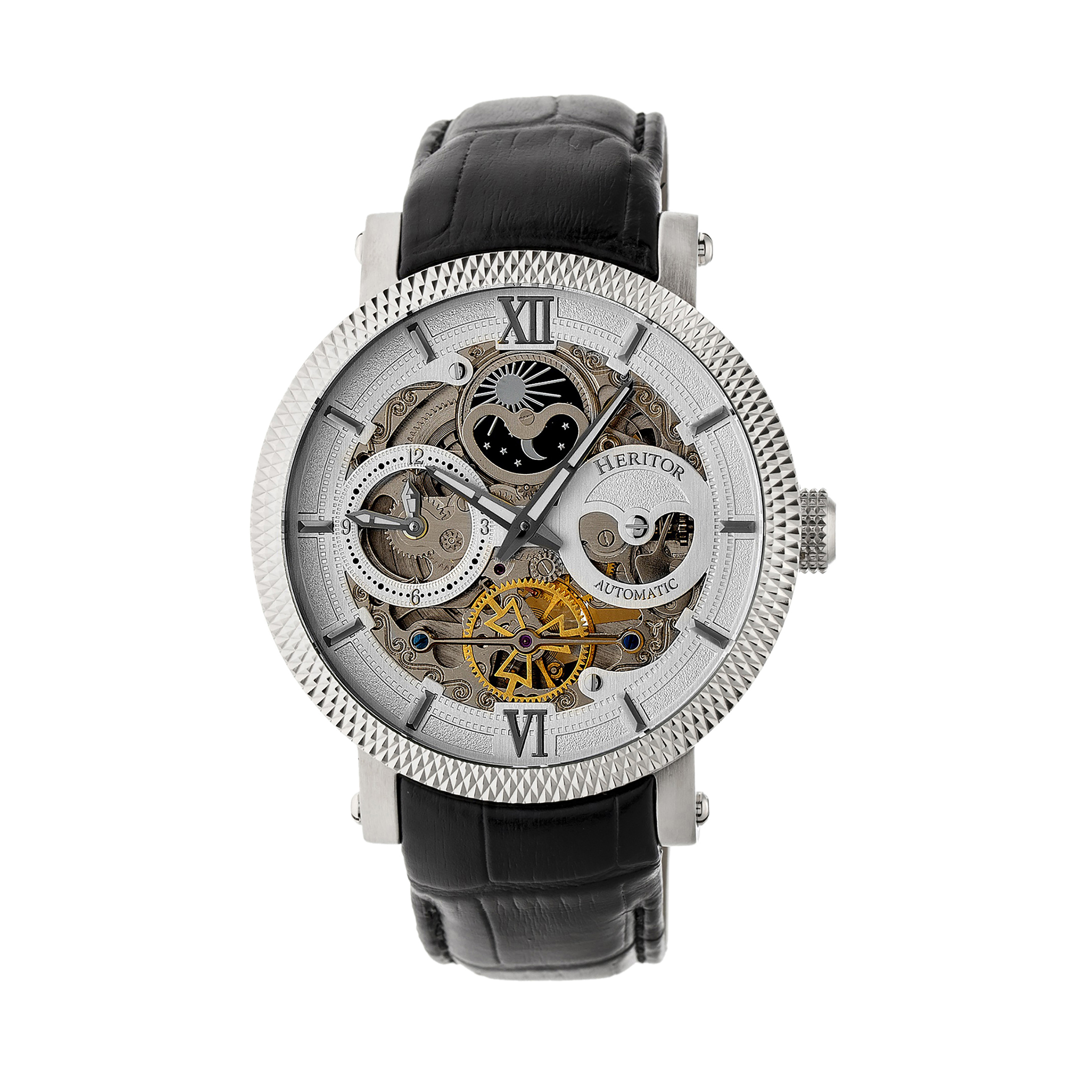 Heritor Automated Mens Aries Skeleton Leather-based-Band Watch - Black/White Stainless Metal - One Dimension