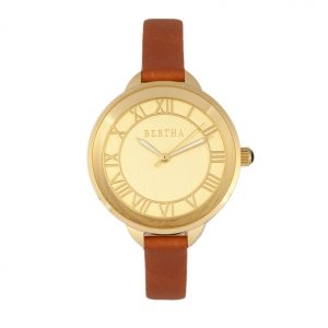 Bertha Womens Madison Sunray Dial Leather-Band Watch – Camel Stainless Steel – One Size