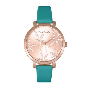 Sophie & Freda Womens Key West Leather-Band Watch w/Swarovski Crystals – Teal Stainless Steel – One Size