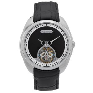 Heritor Computerized Mens Roman Semi-Skeleton Leather-based-Band Watch – Black & Silver – One Dimension