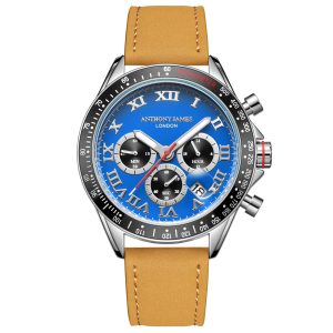 Anthony James Mens Hand Assembled Tachymeter Turbo Metal Blue Leather-based – One Measurement