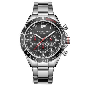 Anthony James Mens Hand Assembled Tachymeter Chrono Steel Black Stainless Steel – One Size