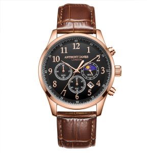 Anthony James Mens Hand Assembled Moonphase Chronograph Rose Black Leather – One Size