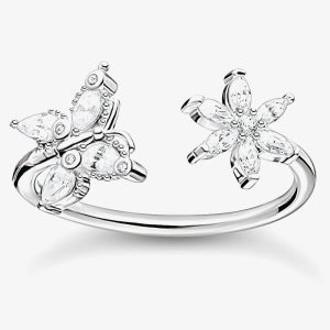 THOMAS SABO Sterling Silver Cubic Zirconia Butterfly & Flower Open Ring TR2355-051-14-54